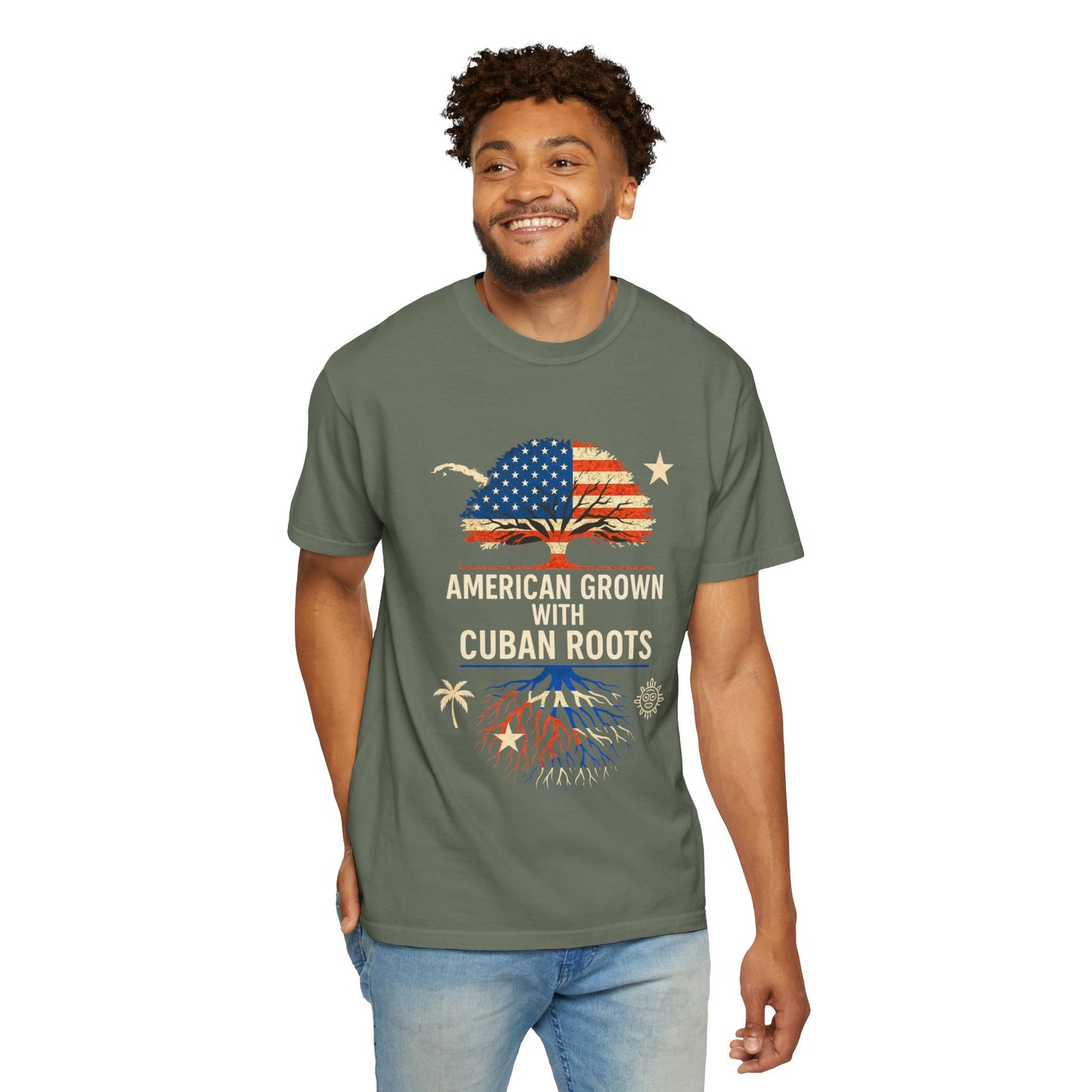 American Grown Cuban Roots T-shirt - Unisex Garment-Dyed Tee, Perfect for Independence Day, Cultural Celebrations, Casual Wear