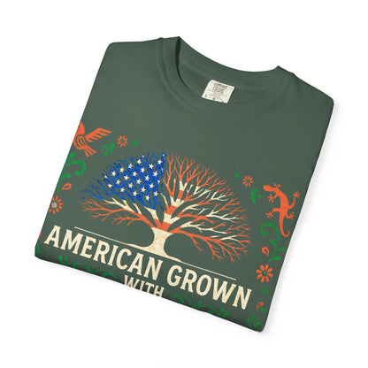 Cultural Roots Unisex T-shirt, American Grown with Mexican Roots Tee, Heritage Apparel, Eco-friendly Gift, Casual Wear, Holiday Celebration