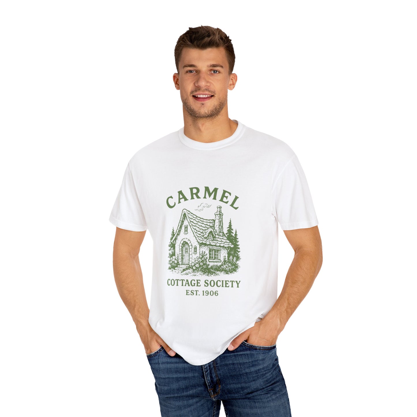 Carmel By The Sea Cottage Society T-Shirt – Vintage Fairy Tale Design, Unisex Tee for Dreamers & Nature Lovers