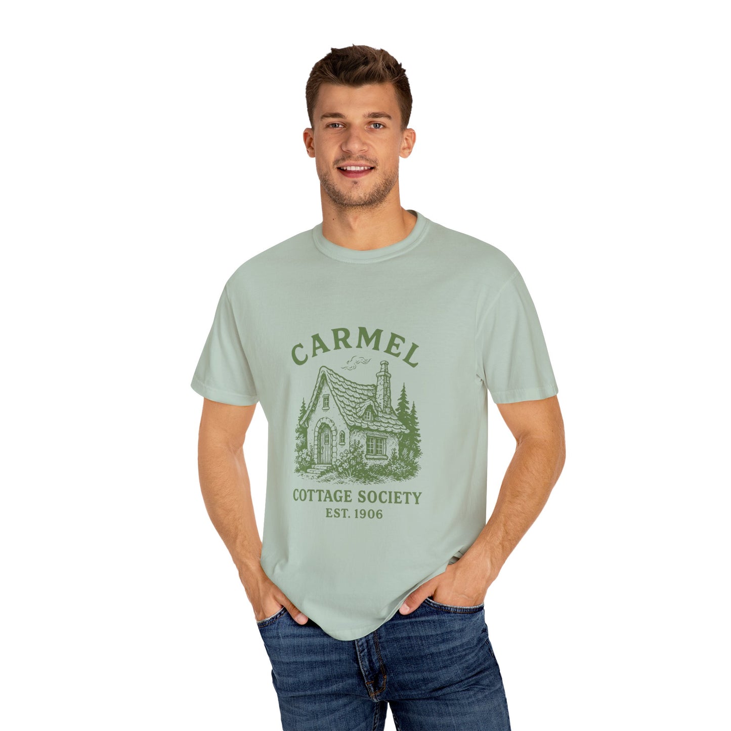 Carmel By The Sea Cottage Society T-Shirt – Vintage Fairy Tale Design, Unisex Tee for Dreamers & Nature Lovers