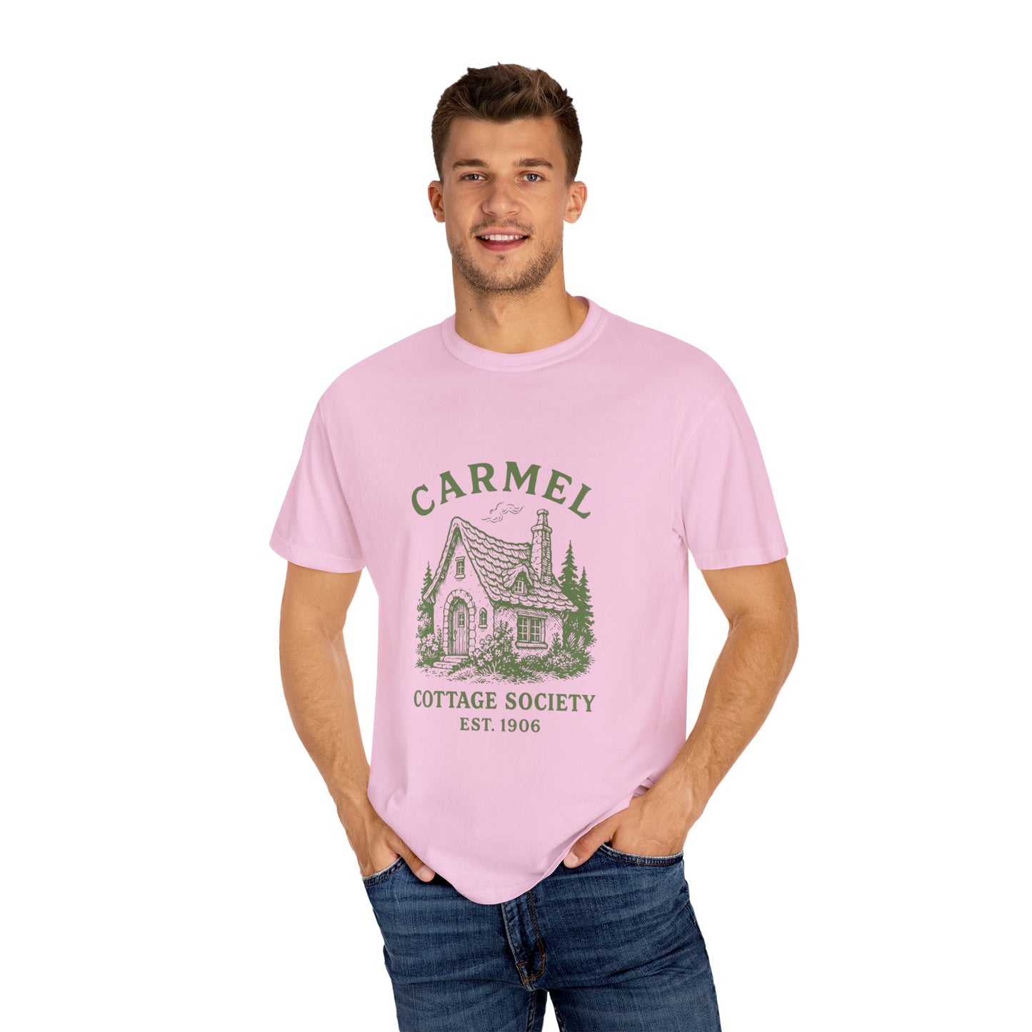 Carmel By The Sea Cottage Society T-Shirt – Vintage Fairy Tale Design, Unisex Tee for Dreamers & Nature Lovers