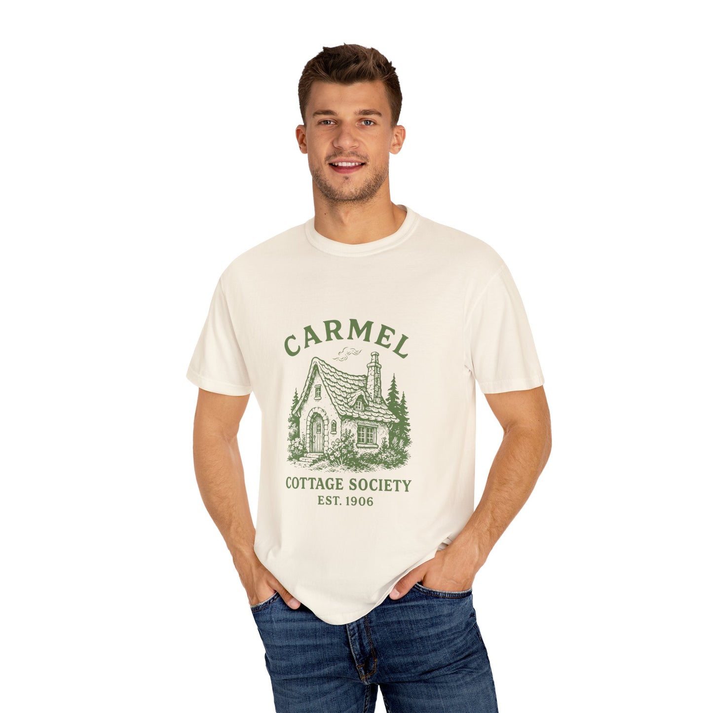 Carmel By The Sea Cottage Society T-Shirt – Vintage Fairy Tale Design, Unisex Tee for Dreamers & Nature Lovers