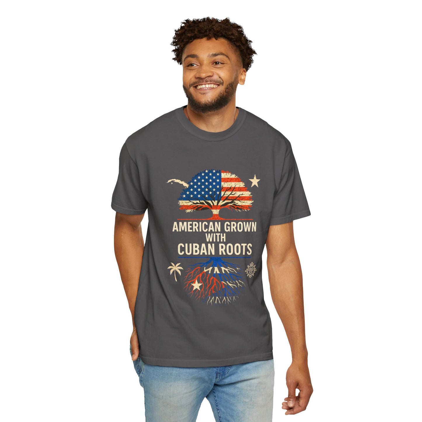 American Grown Cuban Roots T-shirt - Unisex Garment-Dyed Tee, Perfect for Independence Day, Cultural Celebrations, Casual Wear