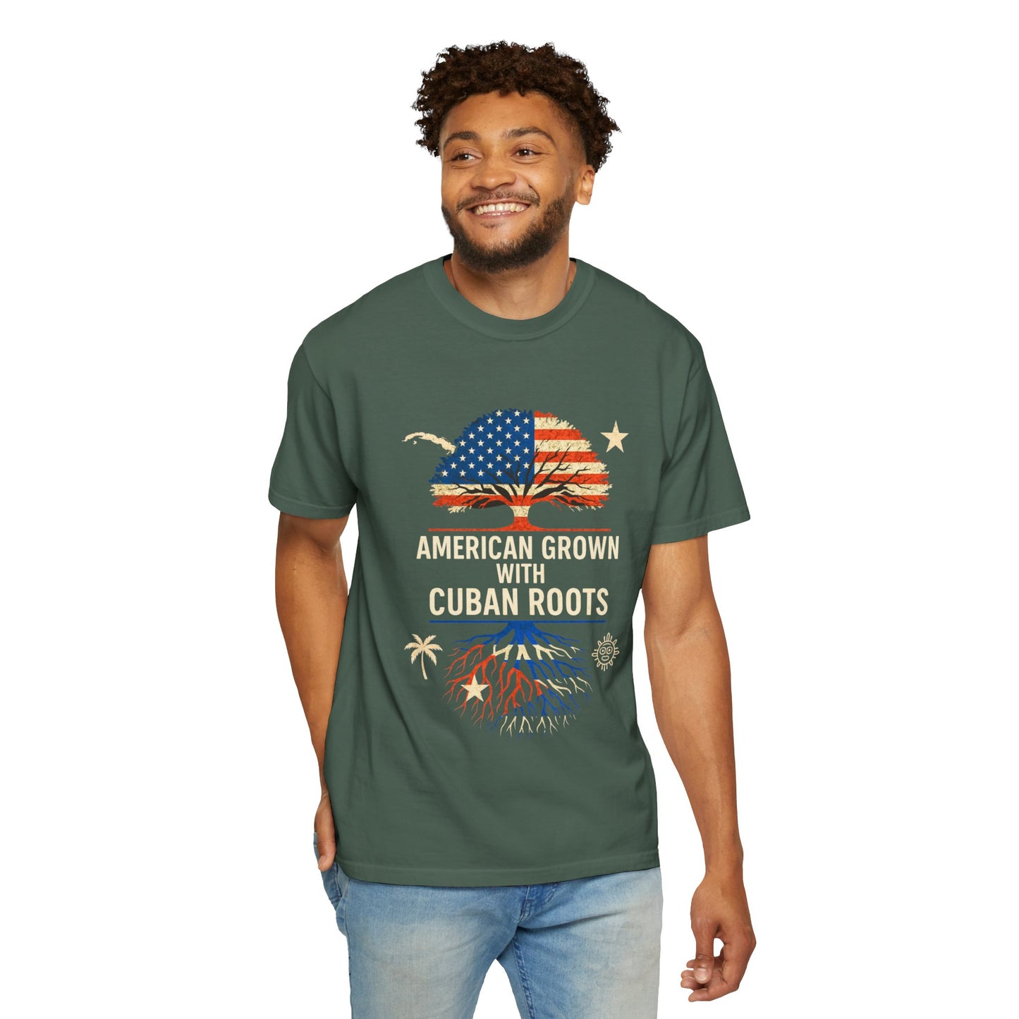 American Grown Cuban Roots T-shirt - Unisex Garment-Dyed Tee, Perfect for Independence Day, Cultural Celebrations, Casual Wear